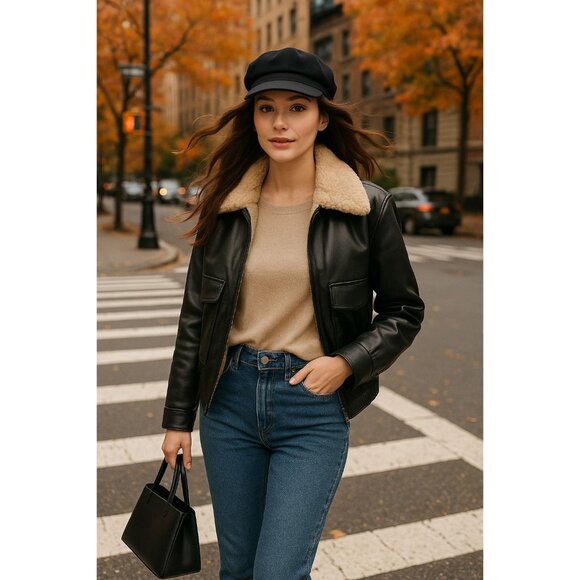 French Connection XL Faux Vegan Leather Bomber Jacket Shearling Collar Black - Picture 1 of 10